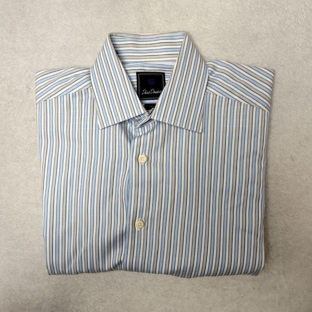 David Donahue Shirt Mens 15.5 34/35 White Striped Slim Point Collar Dress Work